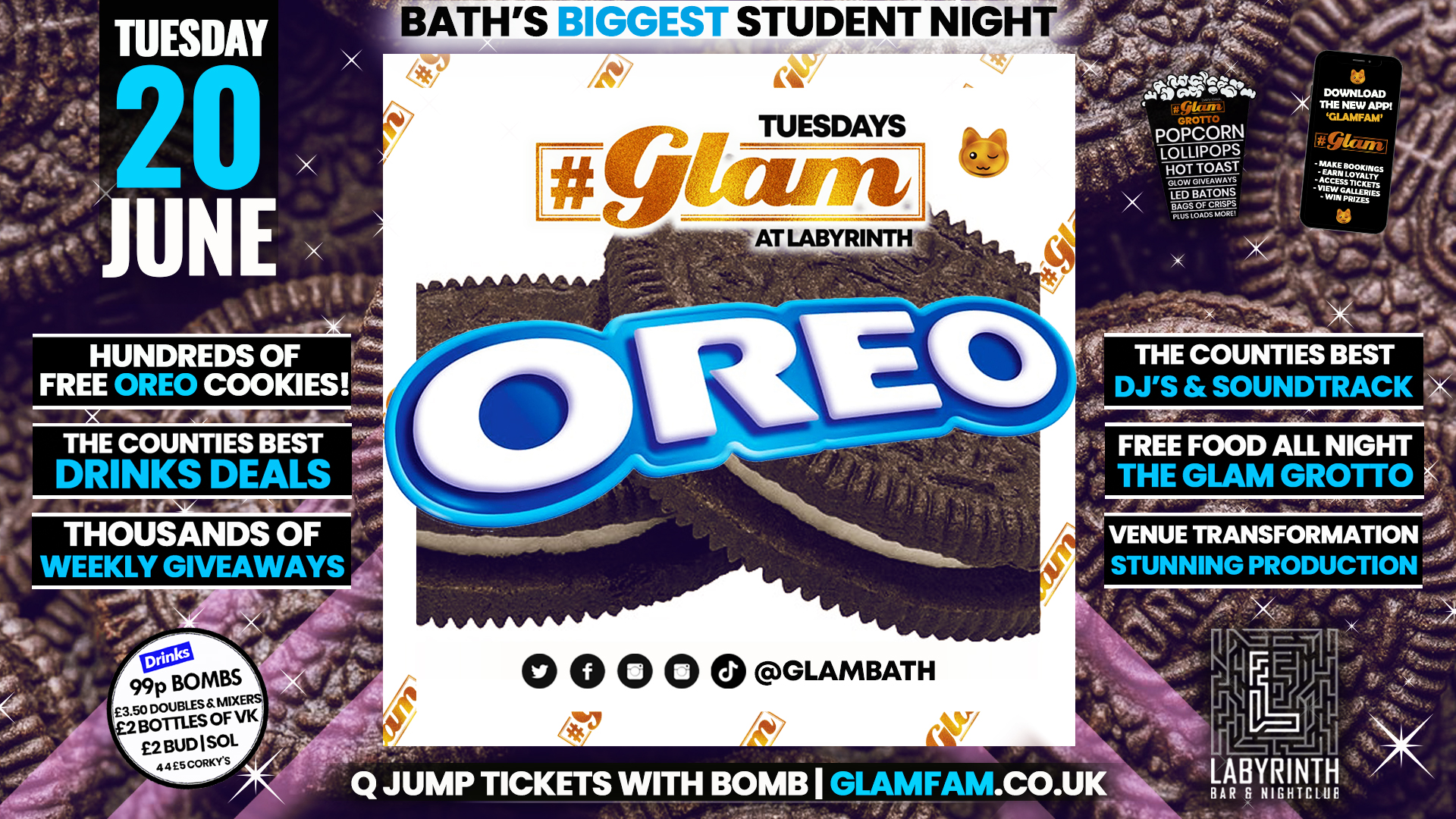 Glam – Baths Biggest Student Night – Tuesdays at Labs – OREO PARTY!