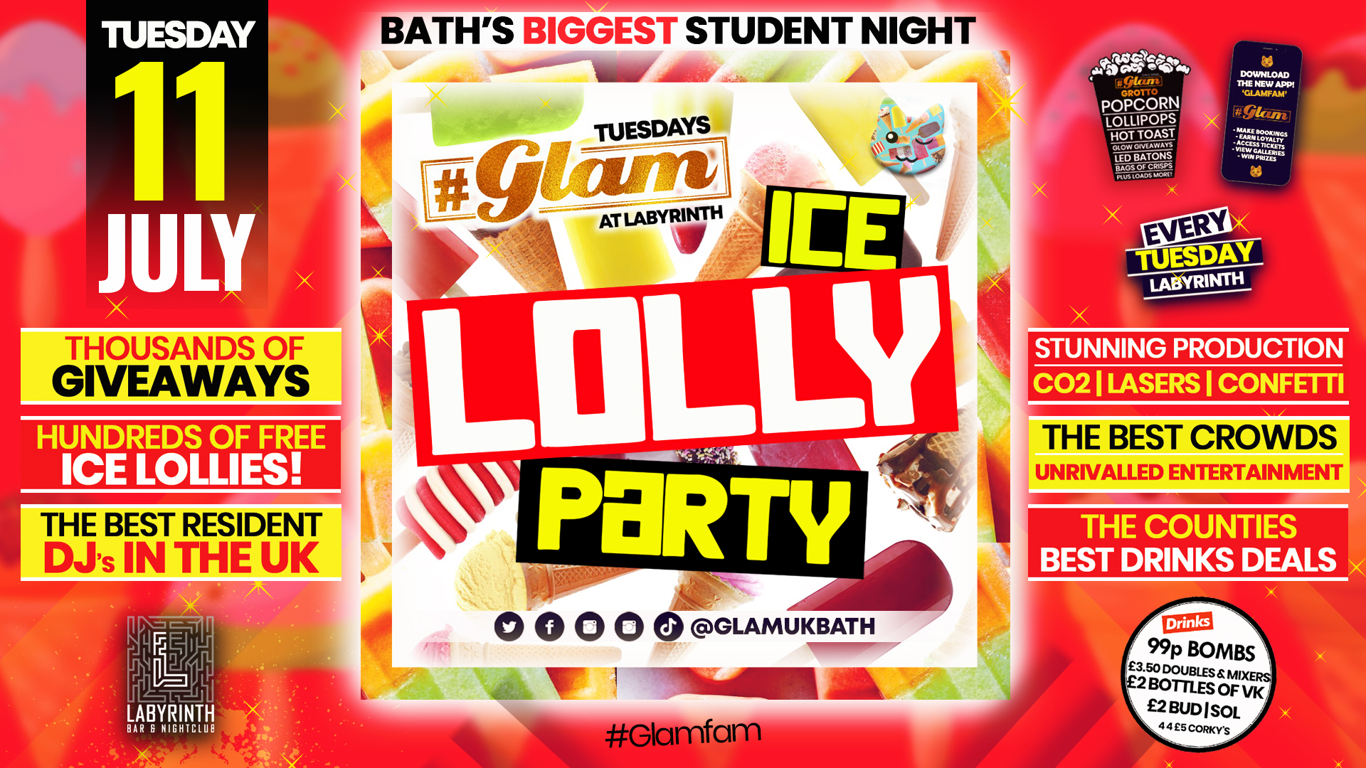 Glam – Baths Biggest Student Night – Tuesdays at Labs – ICE LOLLY PARTY!