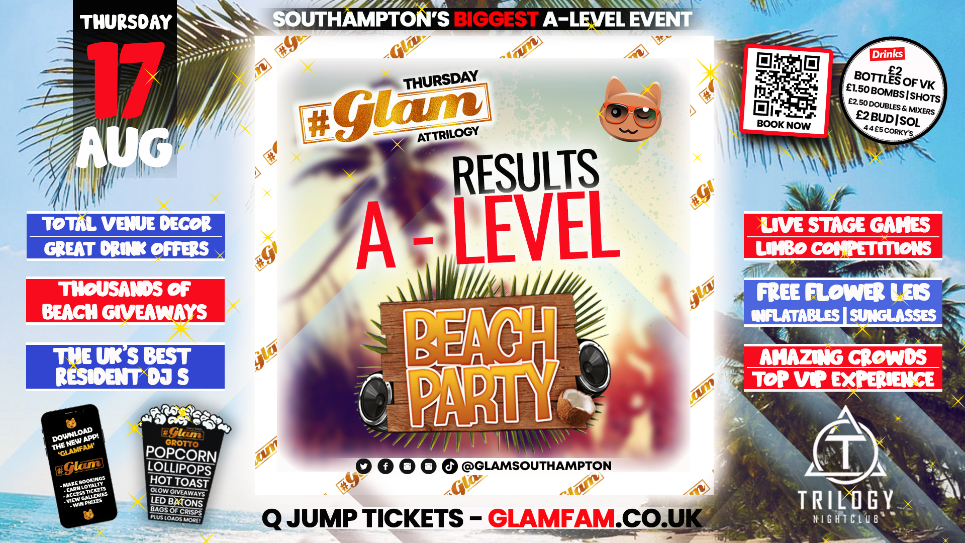 Glam – Southampton’s Biggest A LEVEL RESULTS EVENT –  BEACH PARTY at Trilogy!