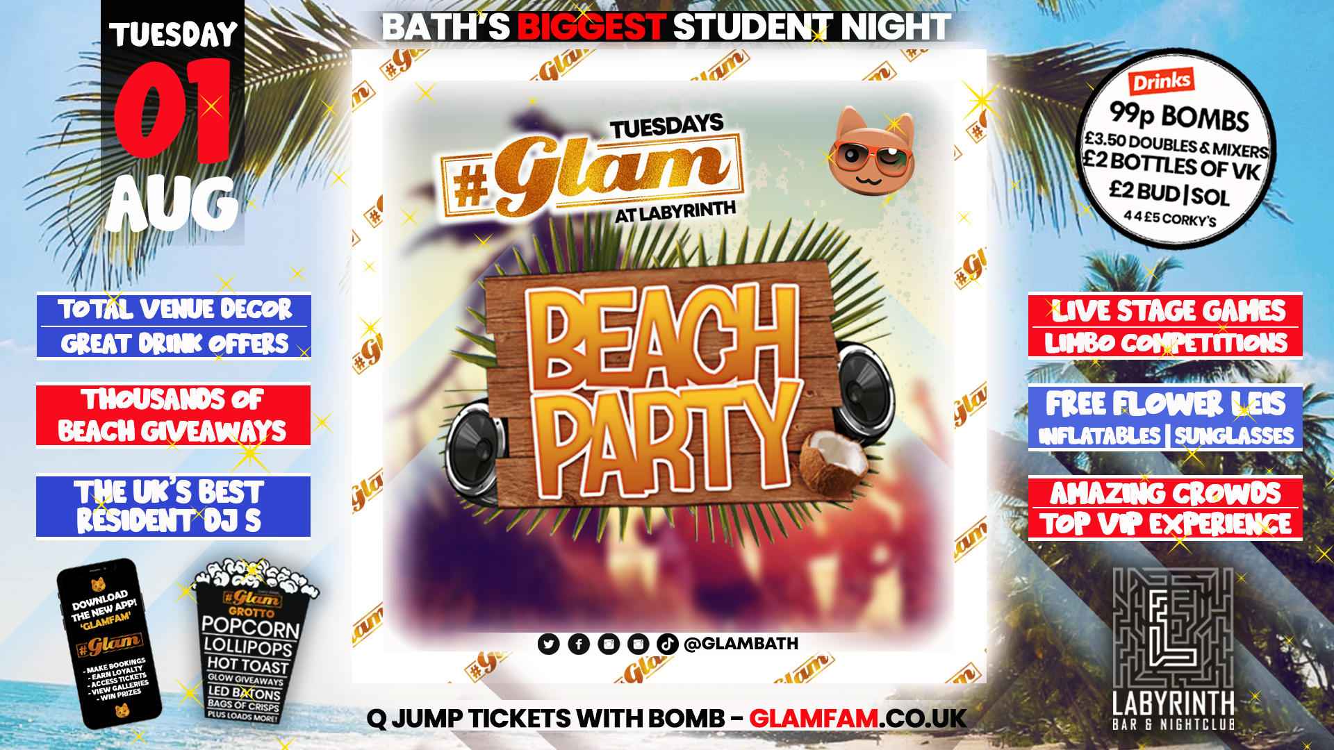 Glam – Baths Biggest Student Night – Tuesdays at Labs – BEACH PARTY!