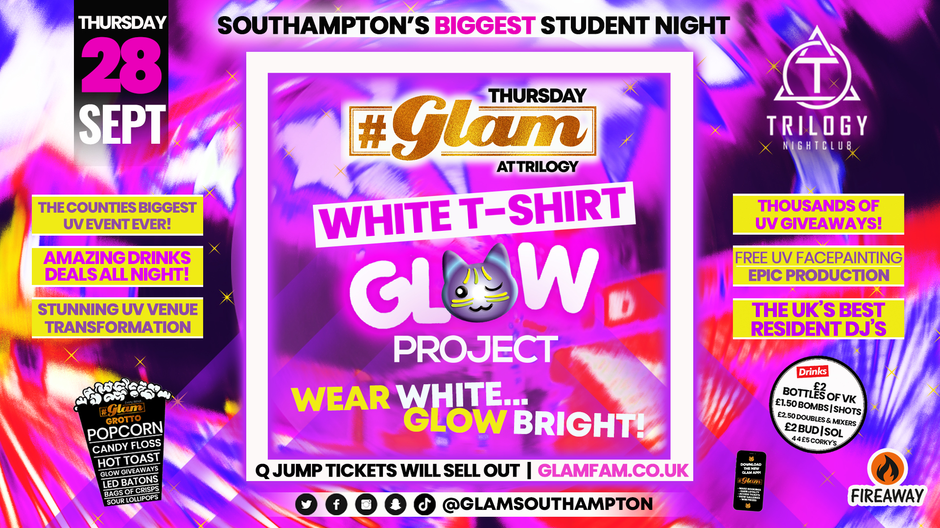 GLAM THIS THURSDAY 🐾 Glam – Southampton’s Biggest Student Night – Freshers UV Glow White Project!