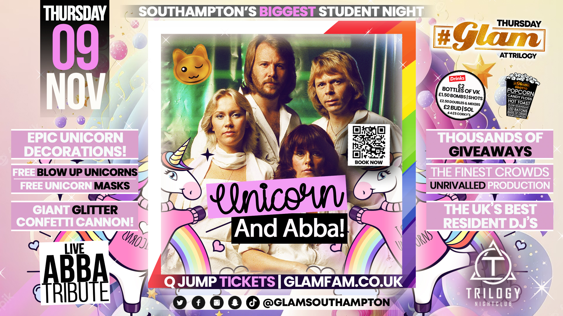 Glam – Southampton’s Biggest Student Night – Unicorn Party Feat Abba Tribute