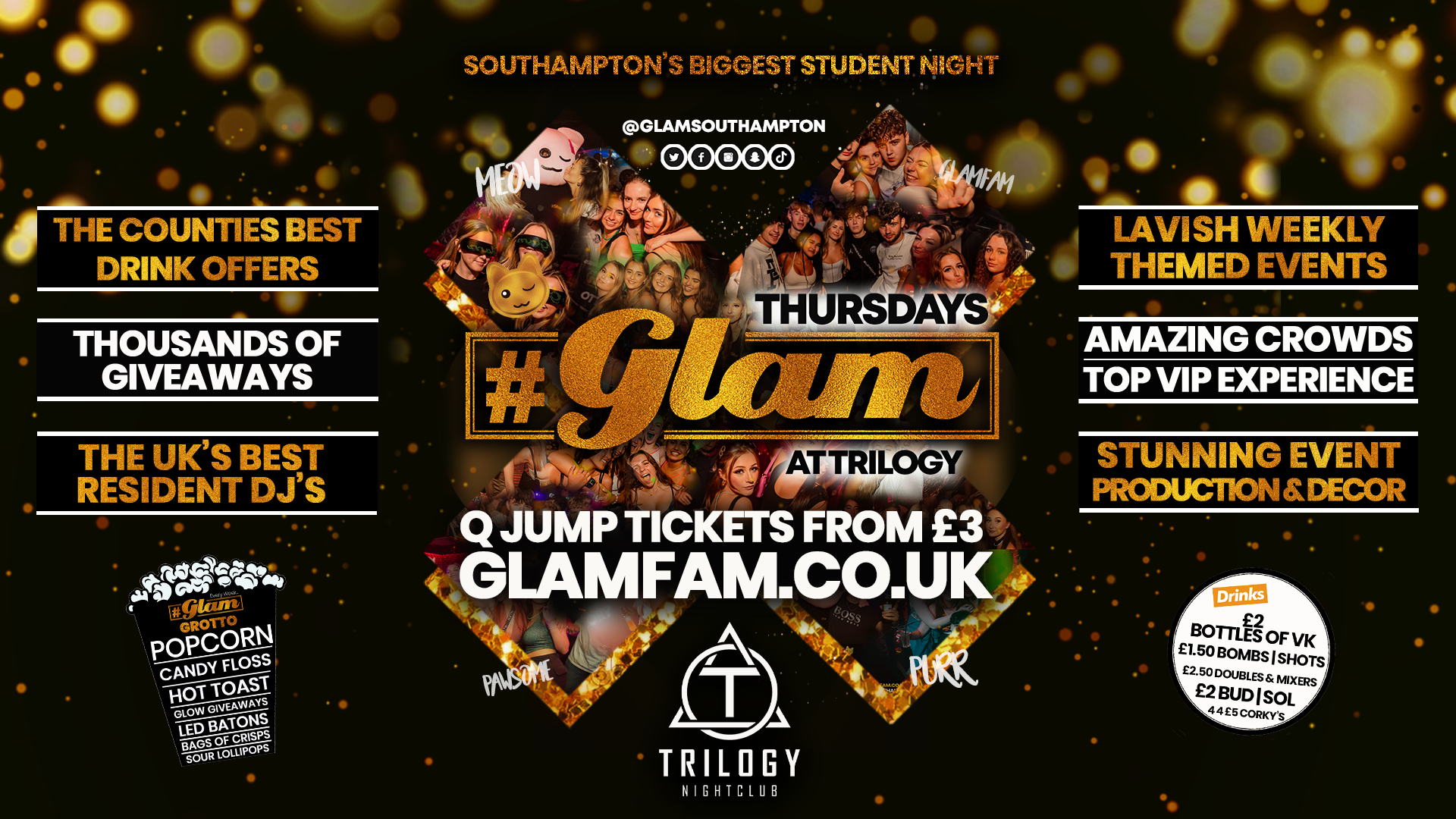 LAST GLAM OF 2023!! Glam – Southampton’s Biggest Week Night – Thursdays at Trilogy