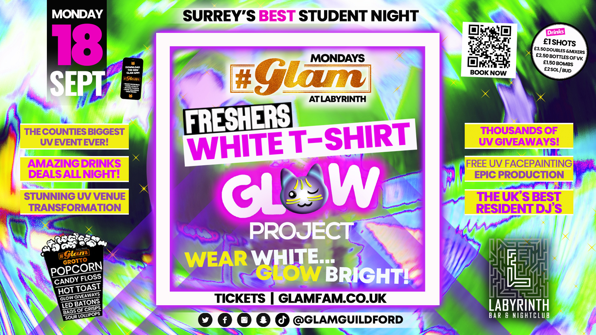 TONIGHT 🐾 Glam Guildford – Freshers UV Glow Rave – Surrey’s Best Student Night