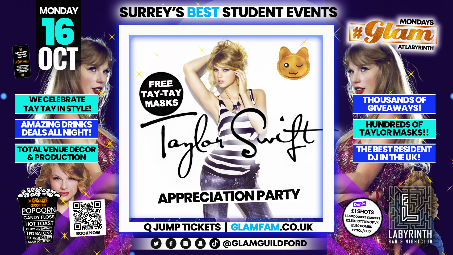 🤩 TONIGHT 🤩 Glam – Taylor Swift Appreciation Party – Surrey’s Best Student Events!