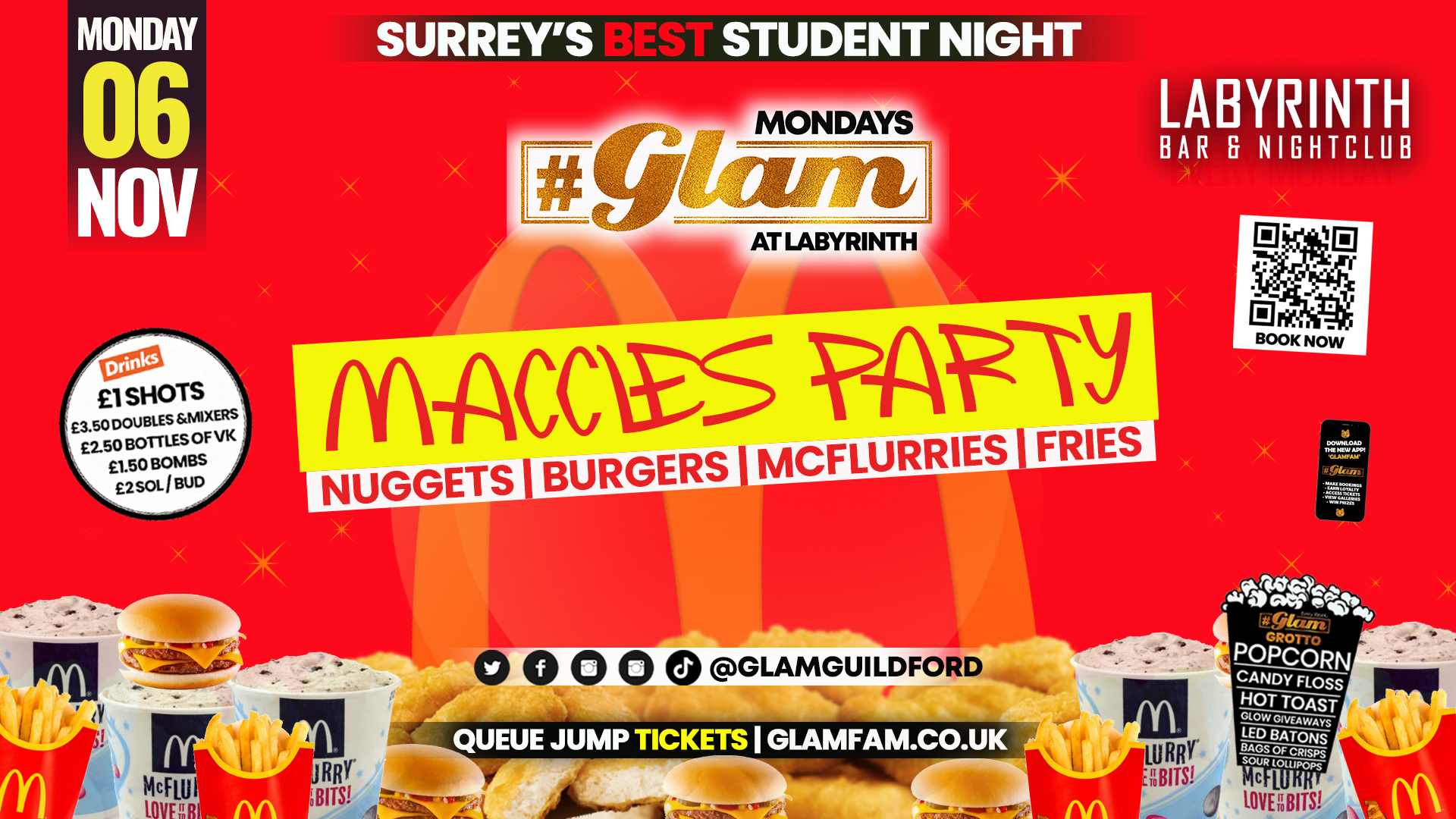 TONIGHT 🐾 Glam – Maccies Takeover – Surrey’s Best Student Events!