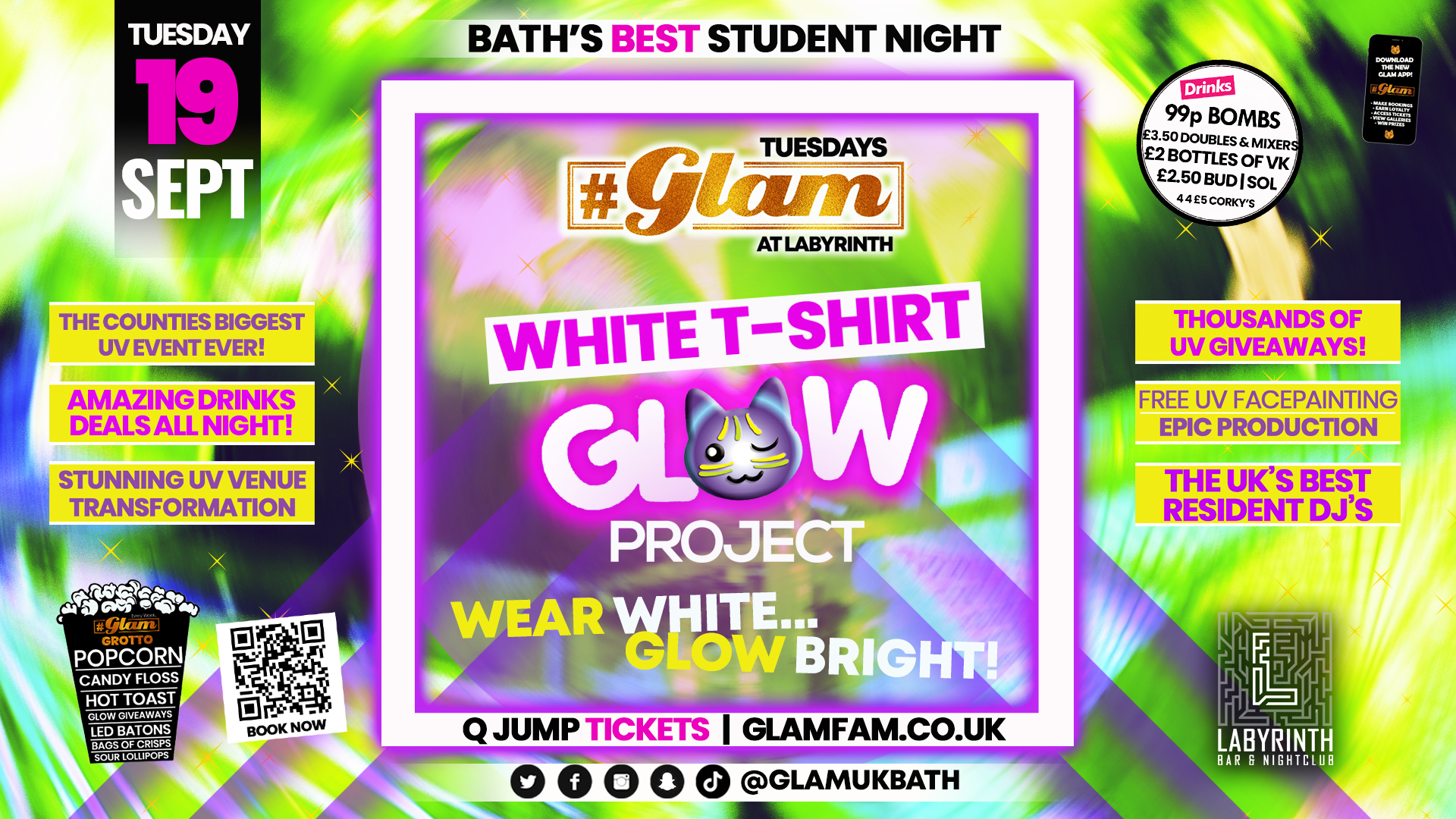 🐾 TONIGHT 🐾 Glam – Baths Best Student Night ⭐ UV Glow White Party! ⭐