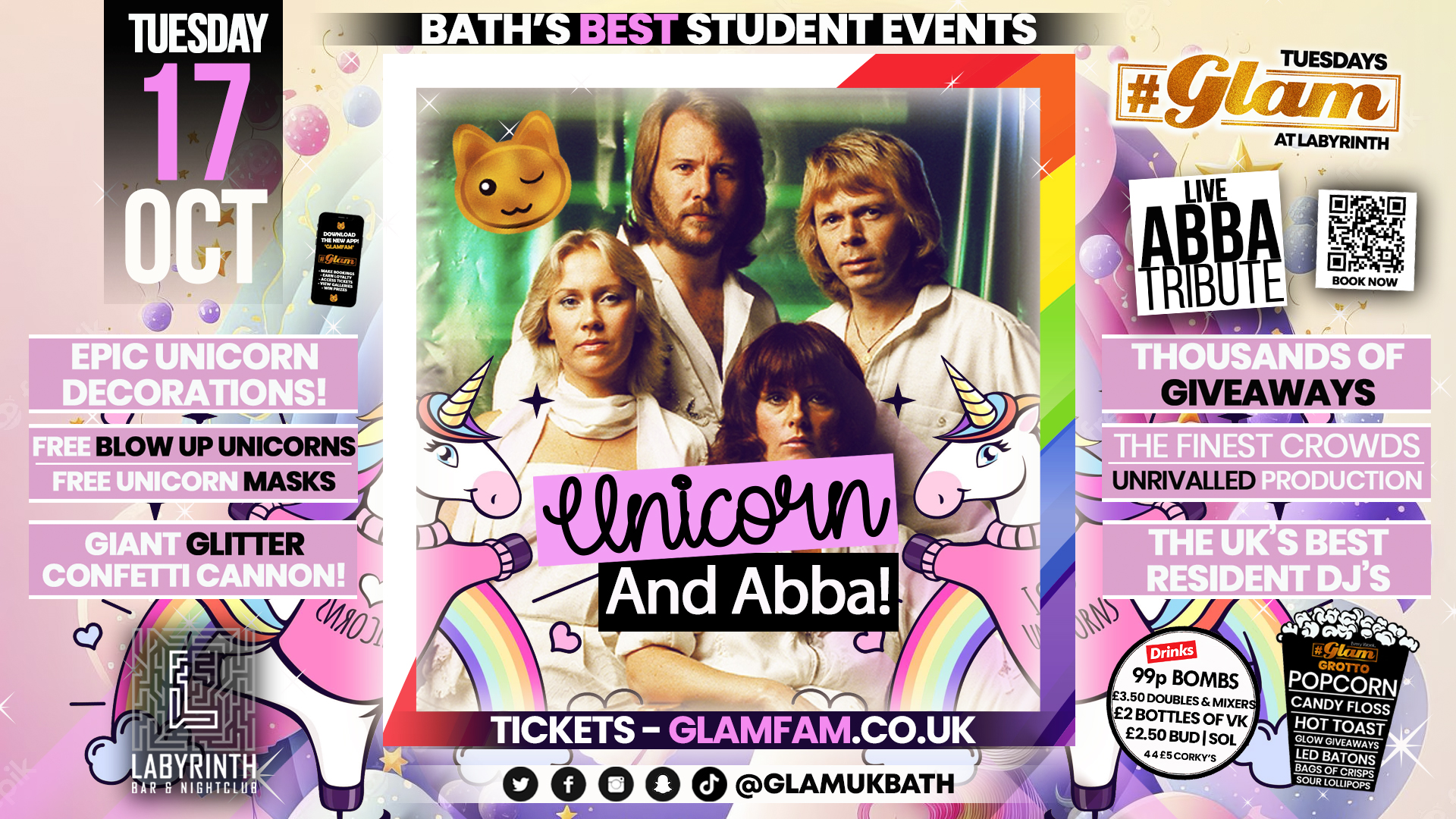 🐾 TONIGHT 🐾 Glam Bath – Unicorn Party Feat Abba Tribute – Bath’s Best Student Events