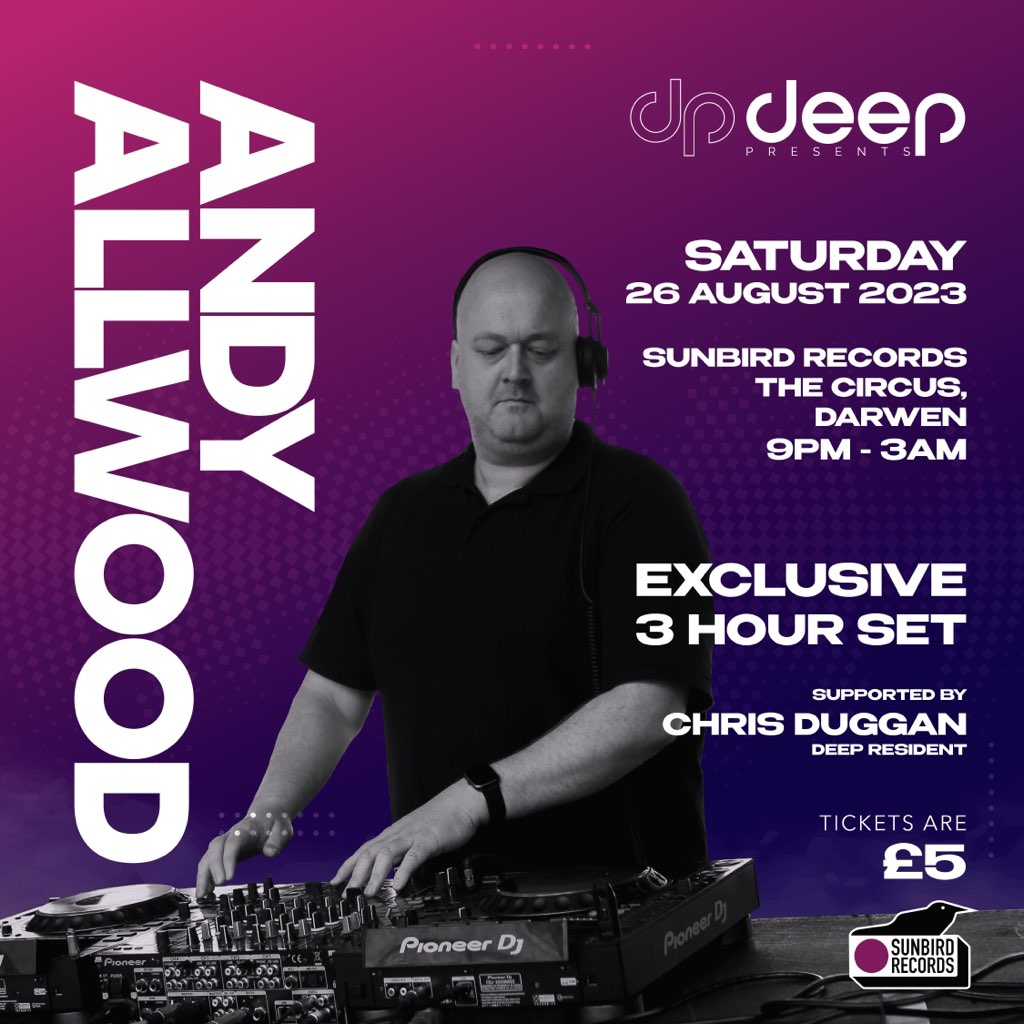 Deep Presents: Andy Allwood – Saturday 26th August 2023 | Sunbird Records, Darwen