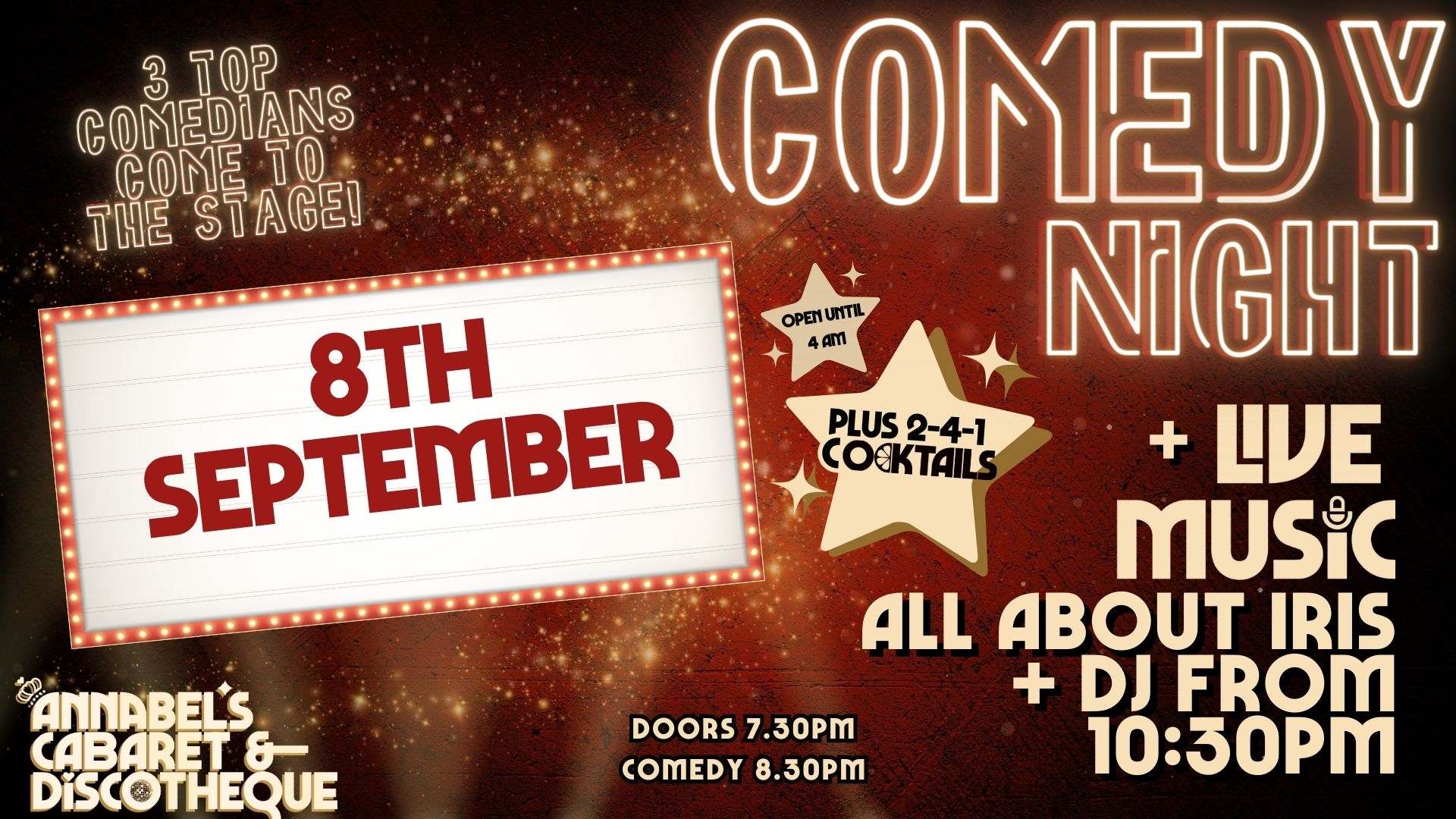 COMEDY NIGHT + Live Music: All About Iris // Annabel’s Cabaret & Discotheque